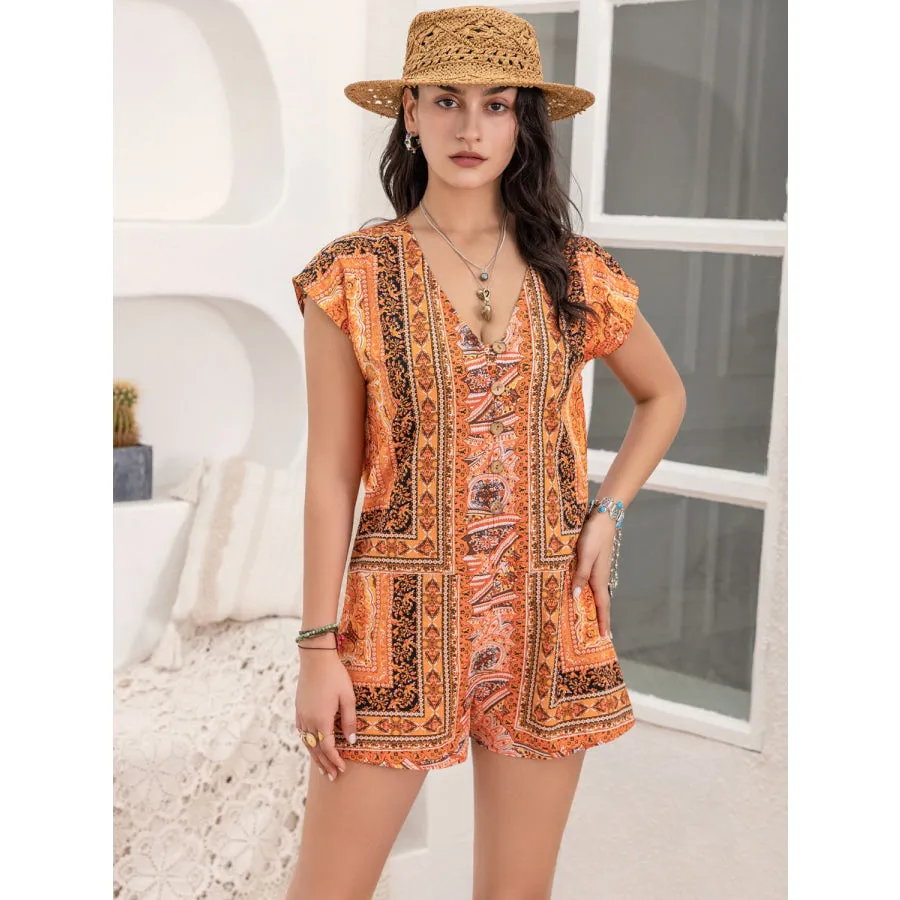 Printed V-Neck Cap Sleeve Romper