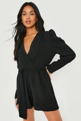 Puff Sleeve Belted Woven Romper