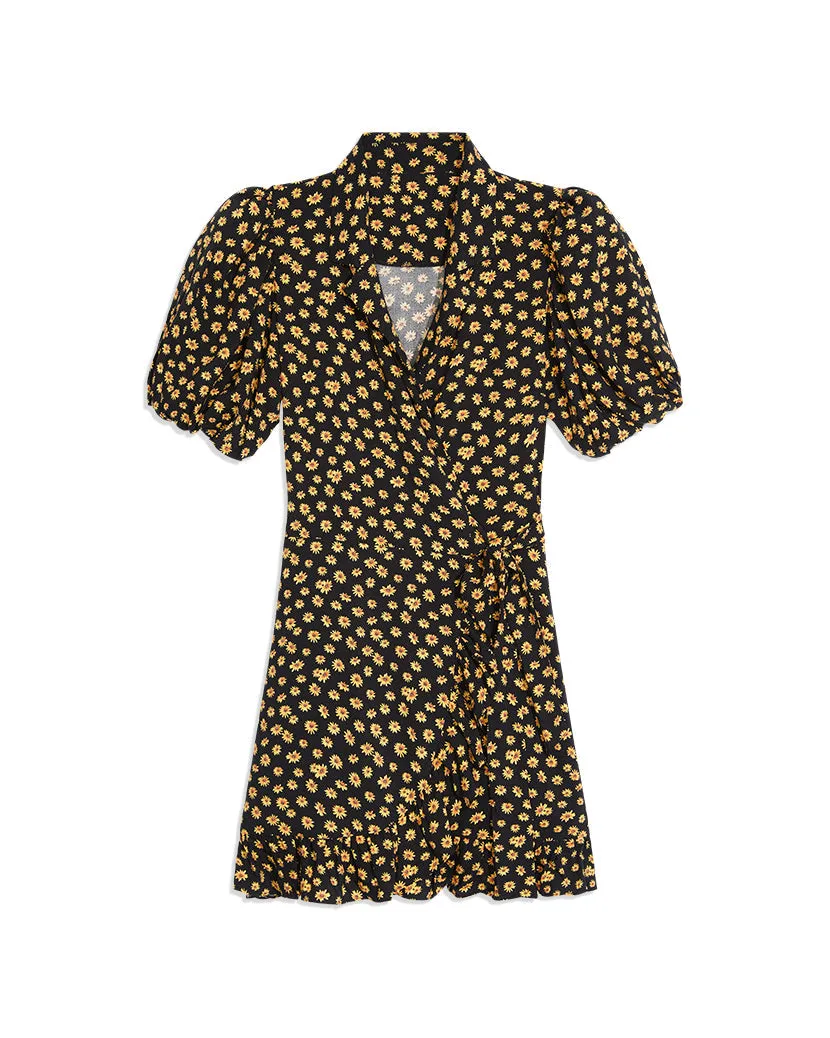 Puff Sleeve Ditsy Daisies Wrap Dress | Black