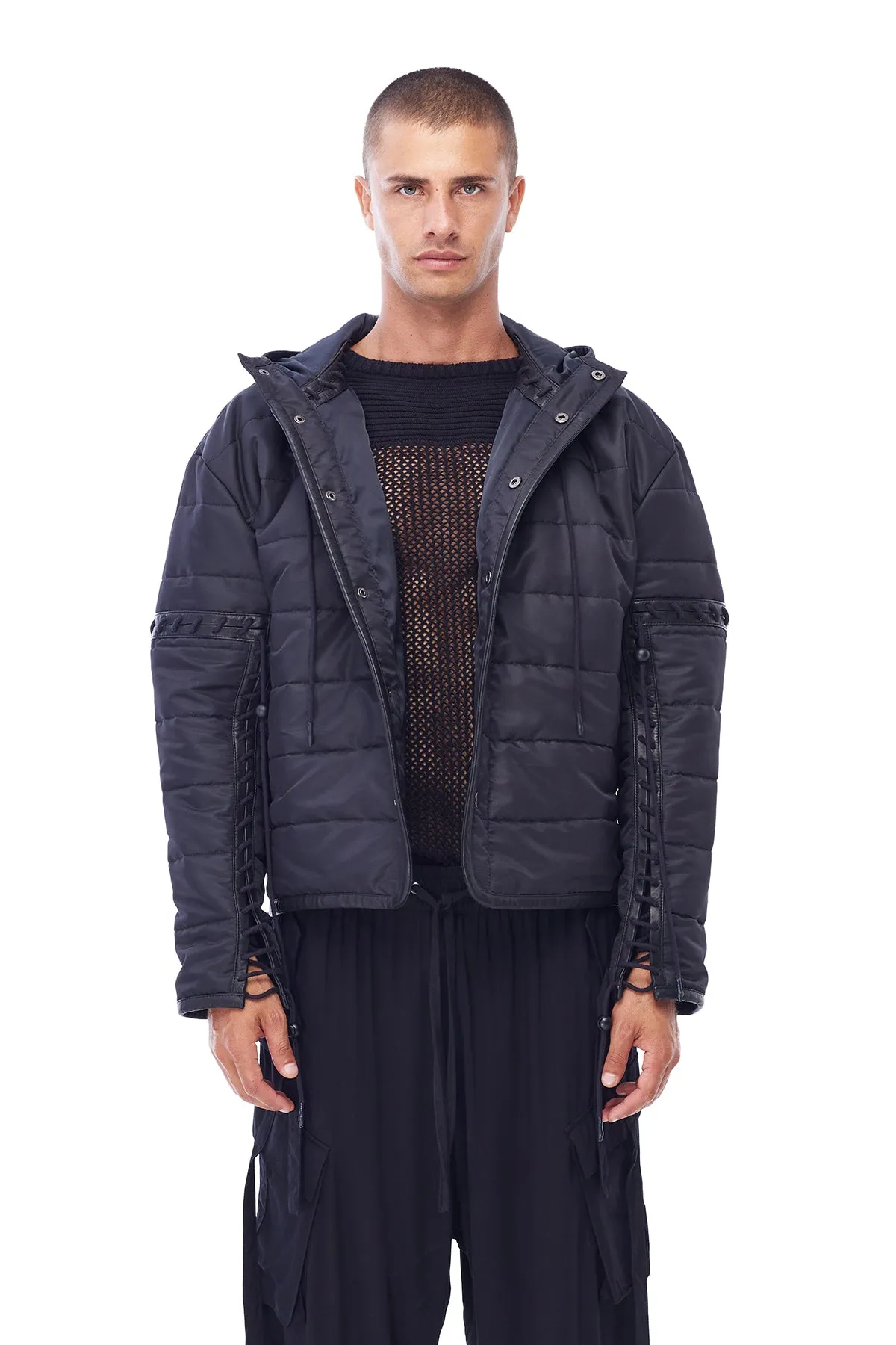 PUFFER JACKET WITH LACING IN BLACK