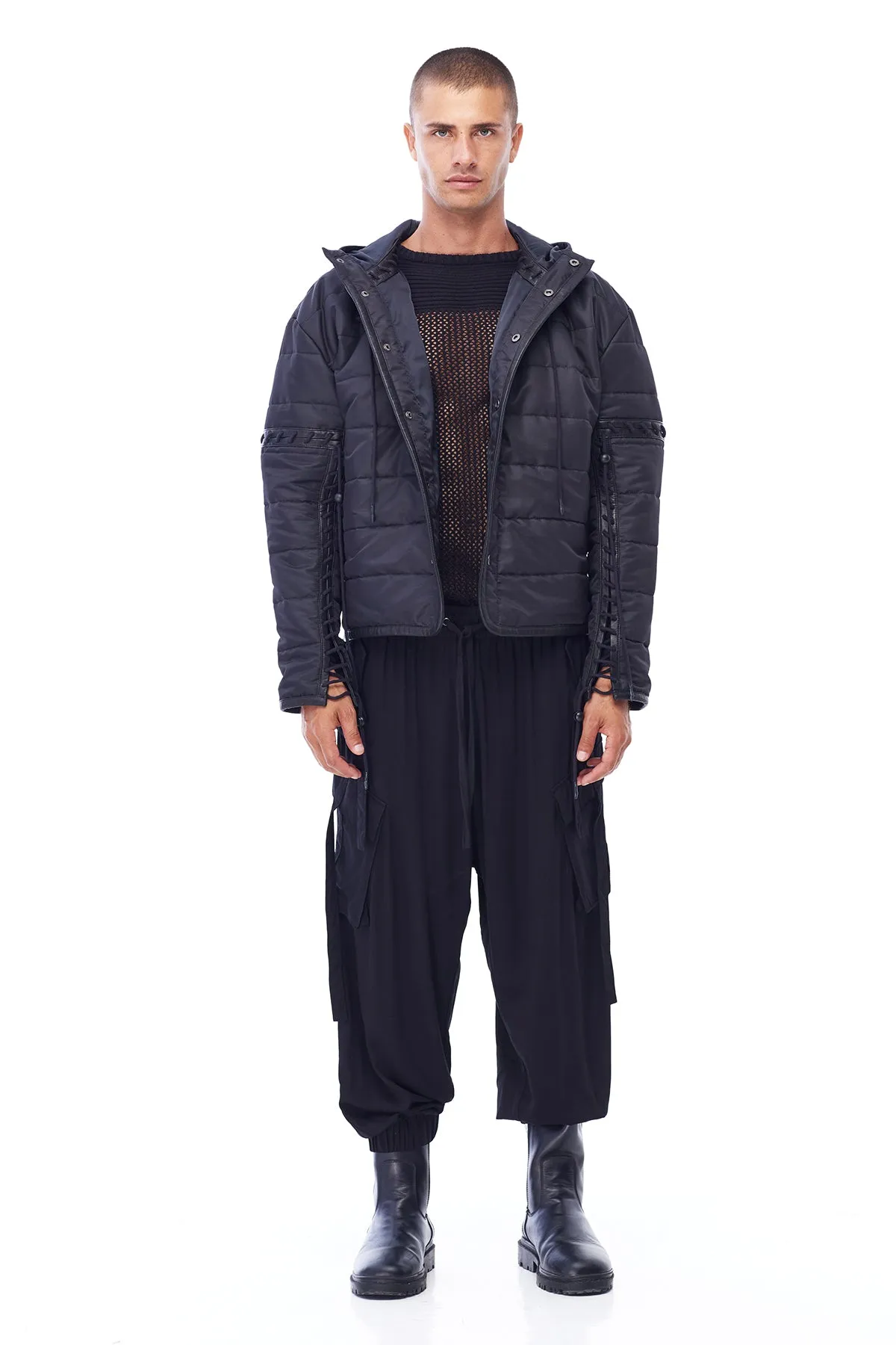 PUFFER JACKET WITH LACING IN BLACK