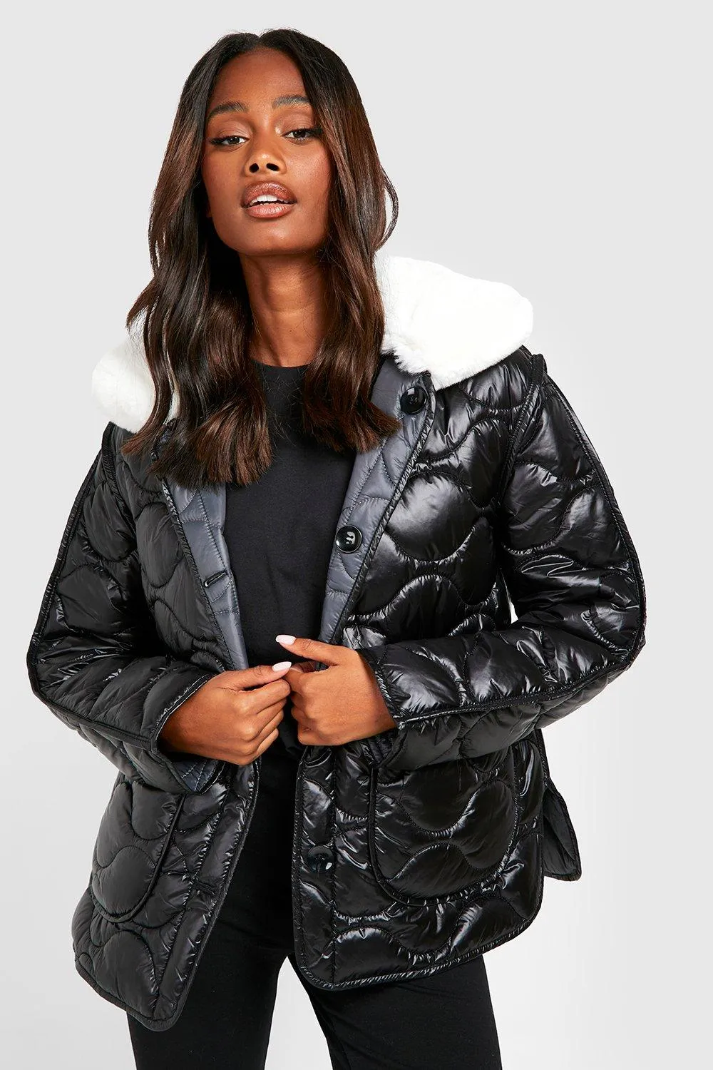 Quilted Borg Collar Reversible Jacket