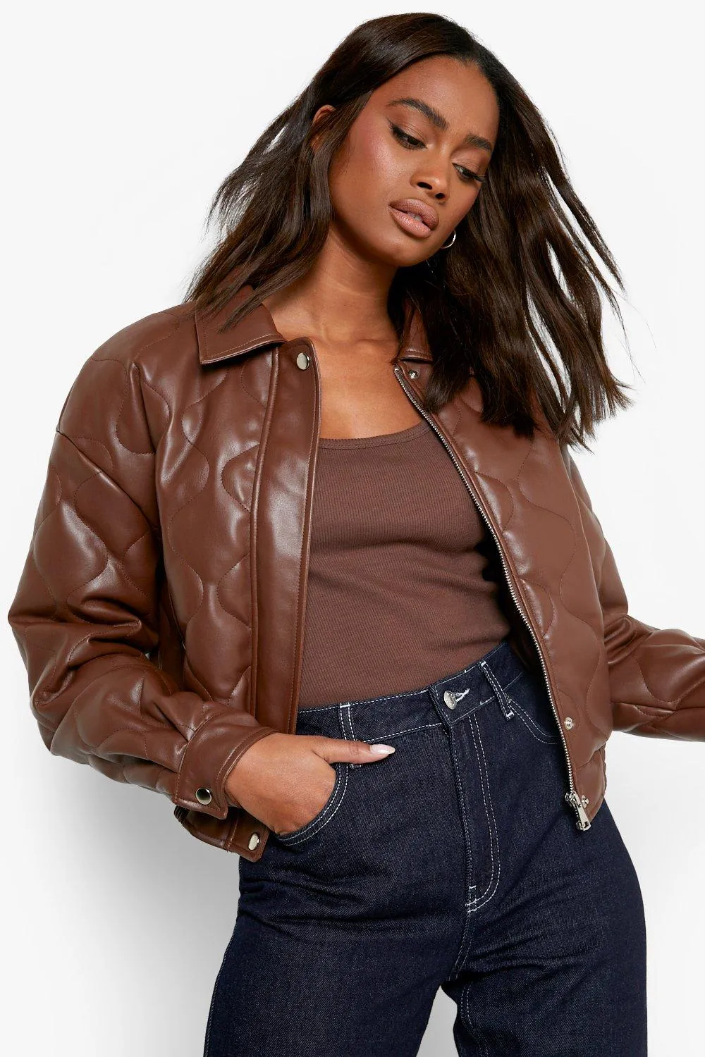 Quilted Faux Leather Bomber Jacket