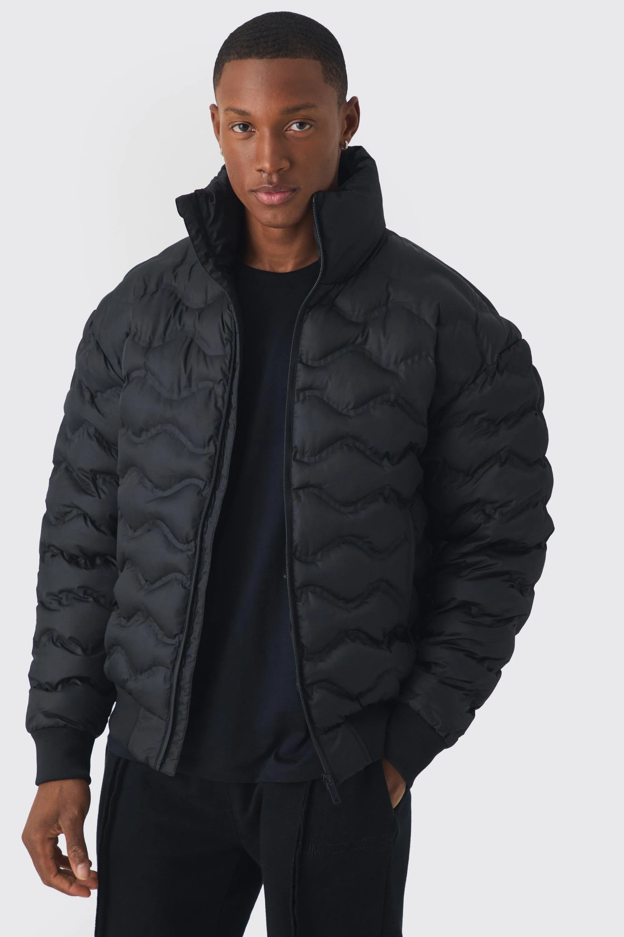 Quilted Padded Bomber Jacket In Black
