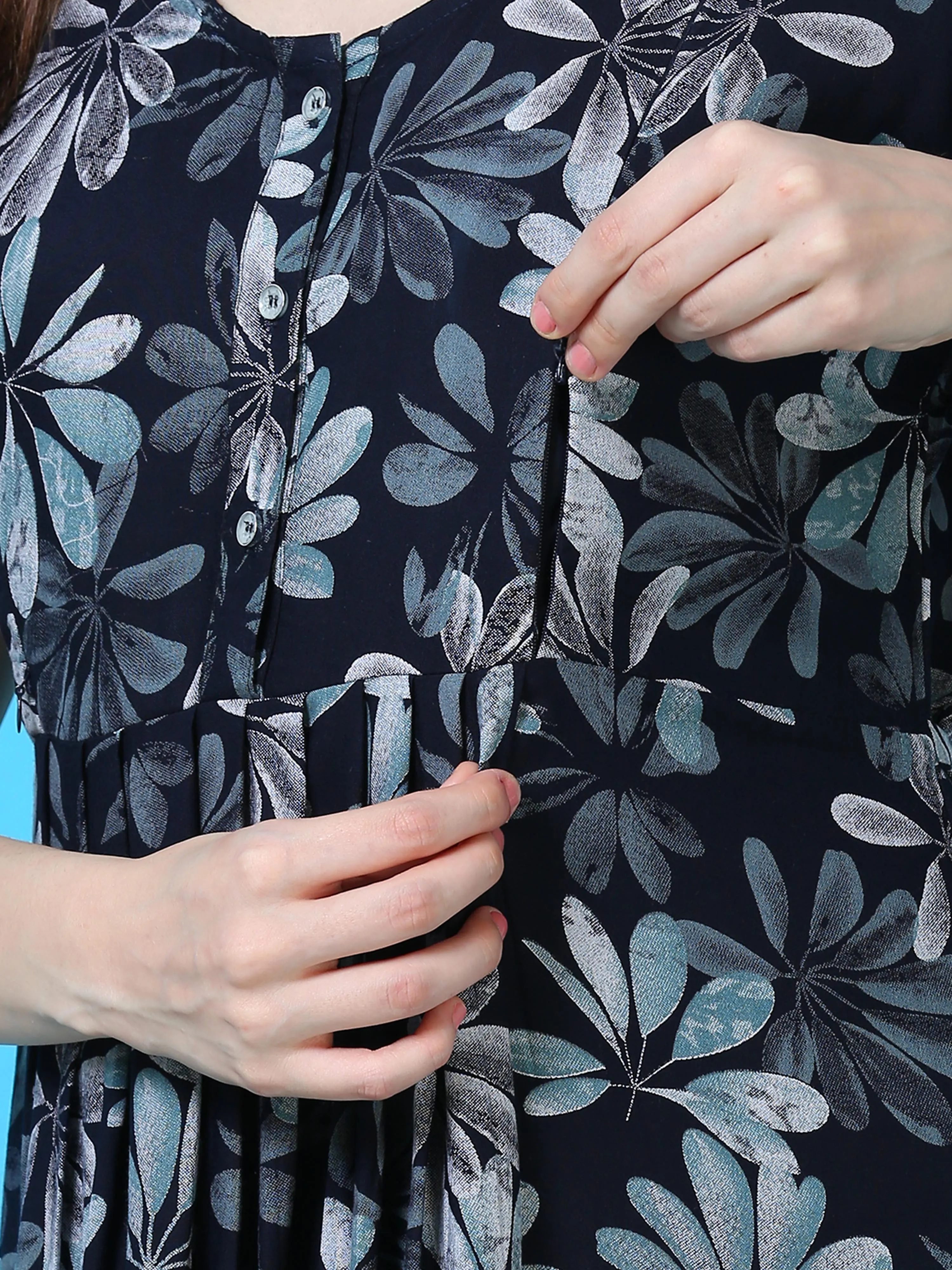 Rayon Maternity Feeding Dress Blue