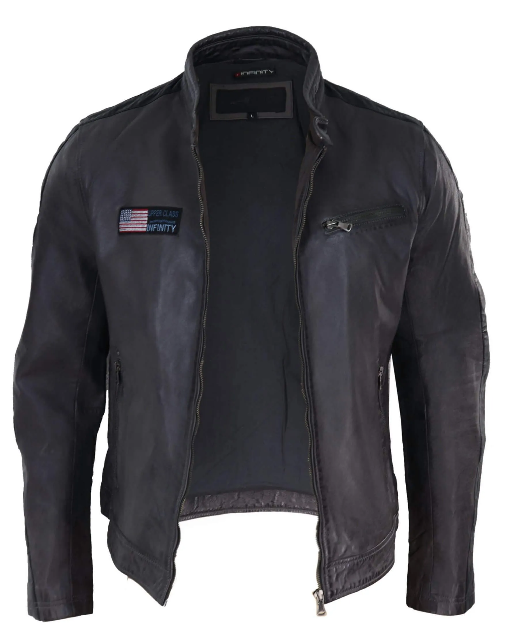 Real Leather Short Racing Mens Grey Jacket