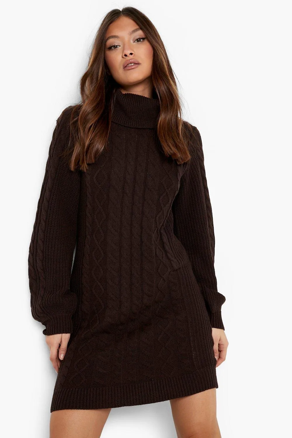 Recycled Turtleneck Cable Knit Sweater Dress