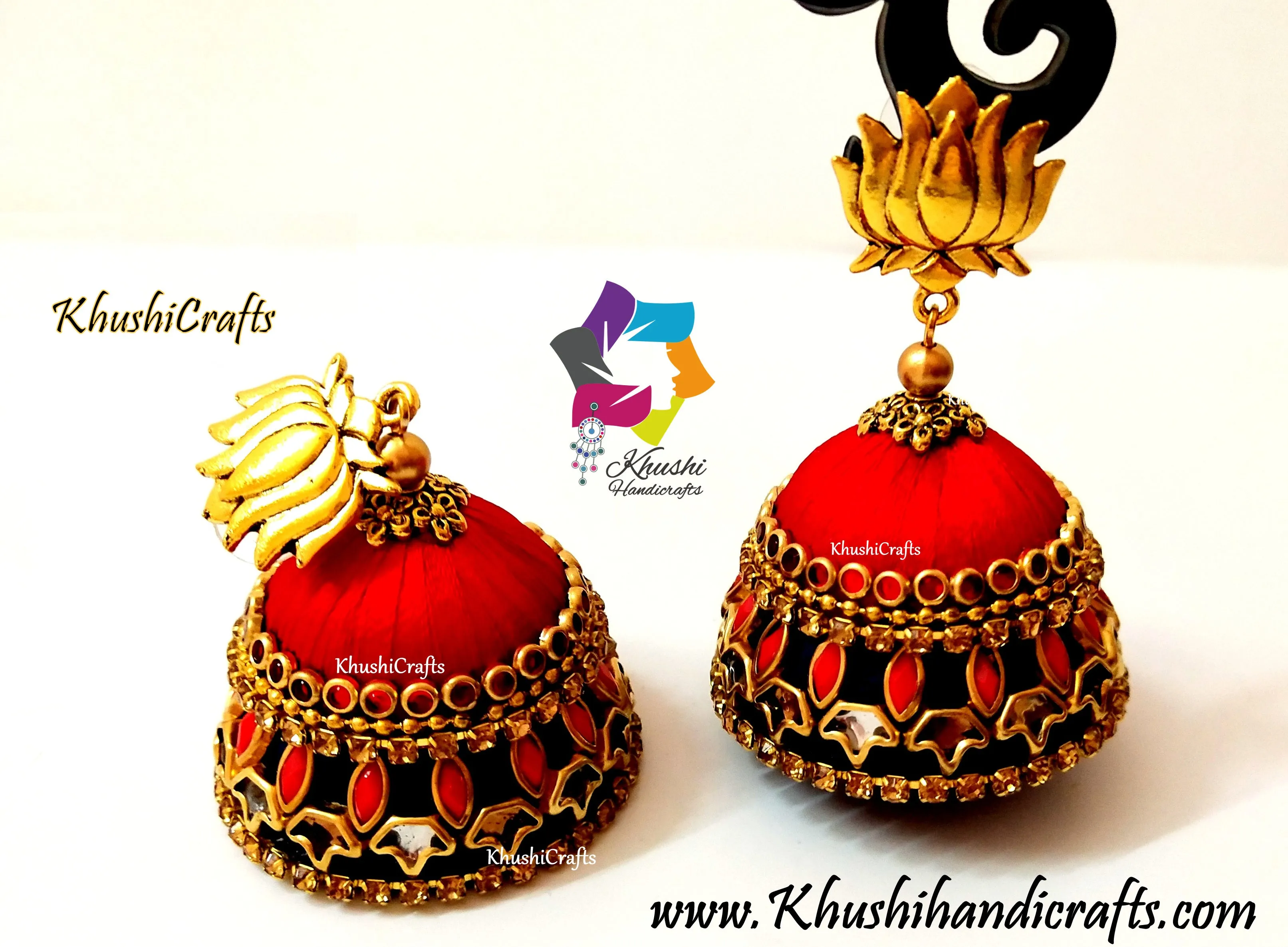 Red Blue Silk thread Kundan Double Jhumkas with Lotus stud