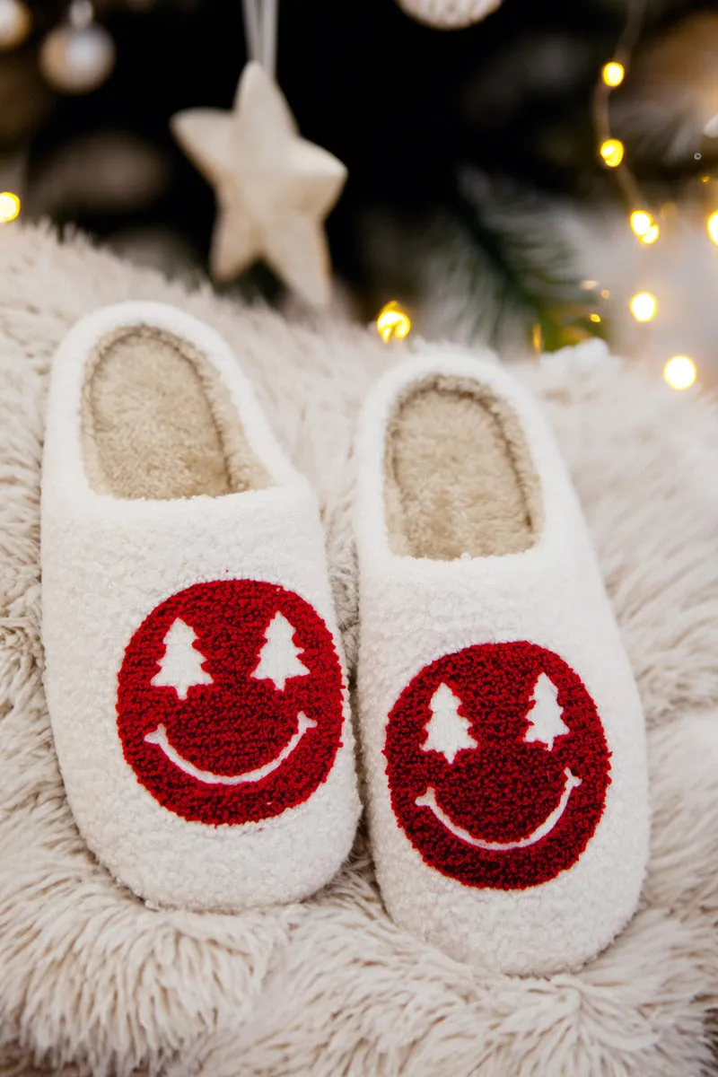 Red Christmas Tree Eyes Happy Face House Slippers