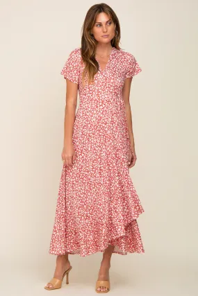 Red Floral Short Sleeve Wrap Maxi Dress