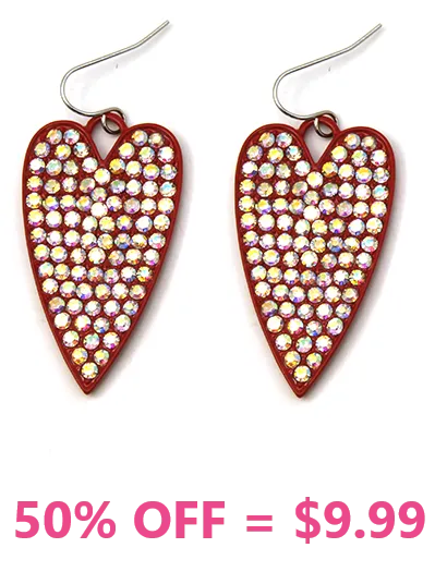 Red Heart Earrings with Bling AB Rhinestones