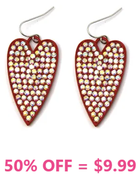 Red Heart Earrings with Bling AB Rhinestones