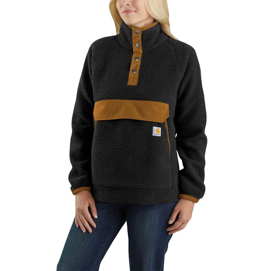 Relaxed Fit Snap Front Fleece Pullover - Black