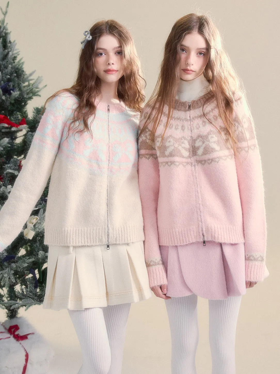 Retro Fair Isle Bow Texture Knitted Cardigan