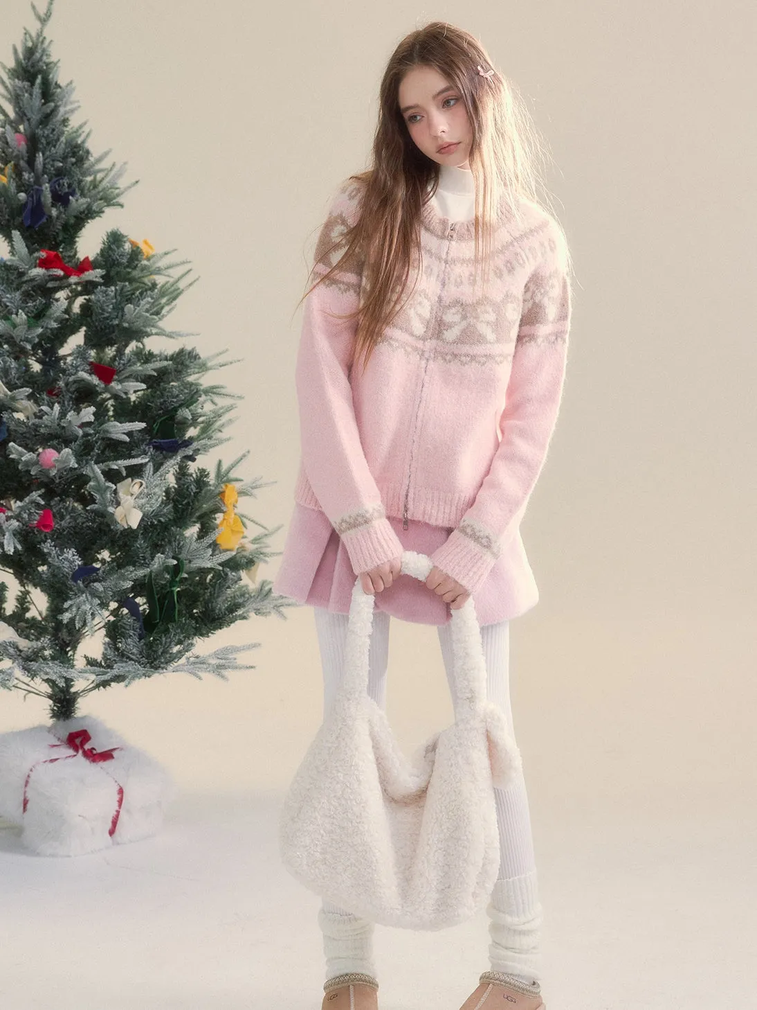 Retro Fair Isle Bow Texture Knitted Cardigan