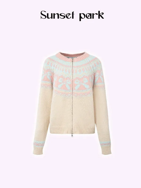 Retro Fair Isle Bow Texture Knitted Cardigan
