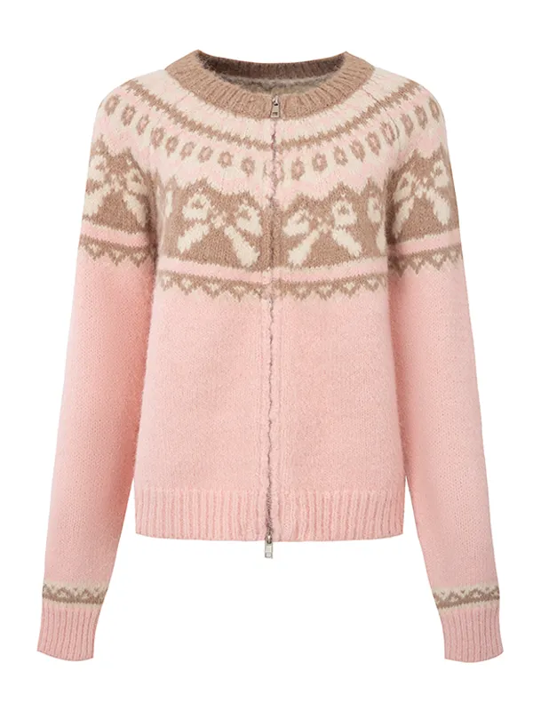 Retro Fair Isle Bow Texture Knitted Cardigan