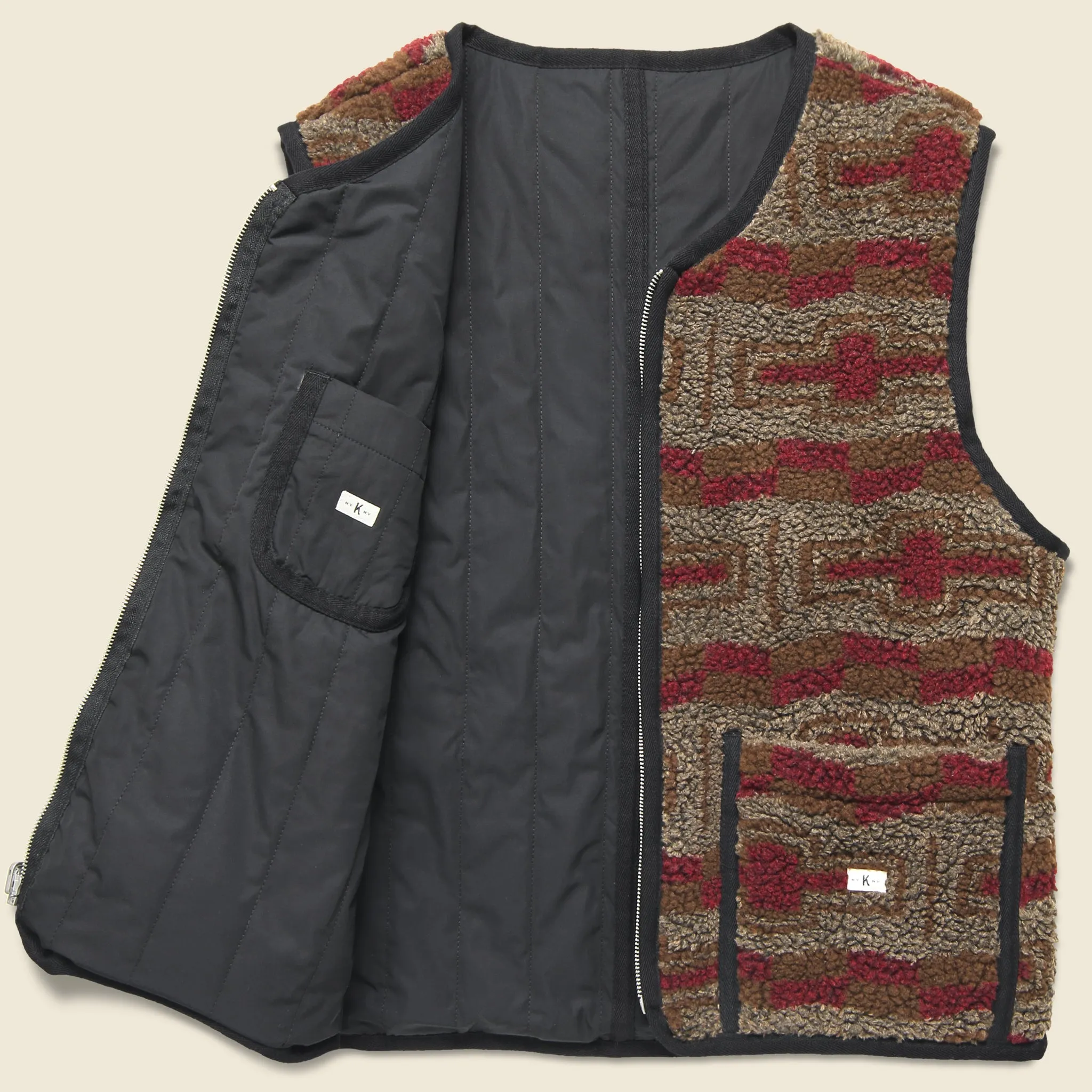 Reverse Zip Pile & Quilt Vest - Brown