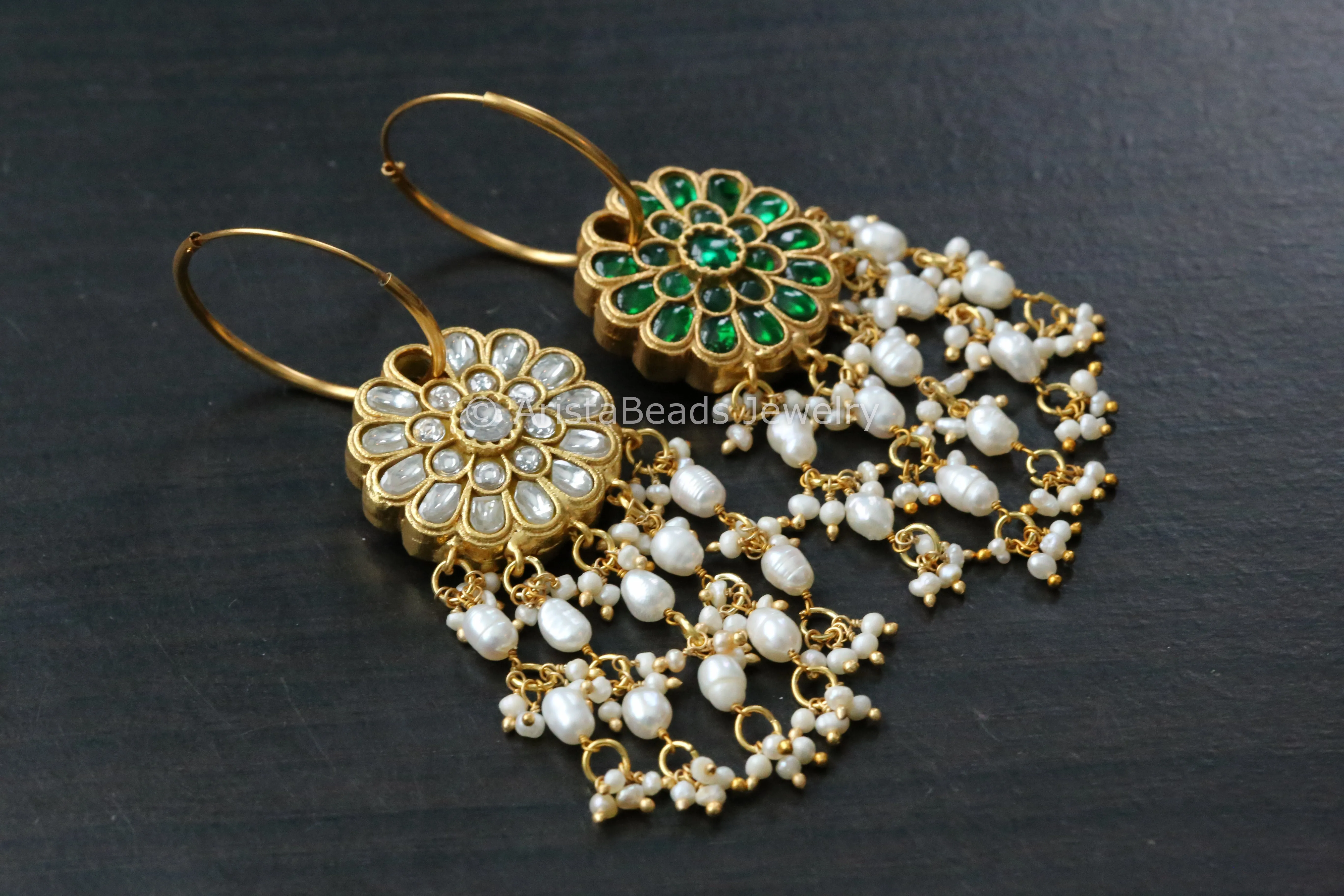 Reversible Jadau Kundan Hoops - Green Clear