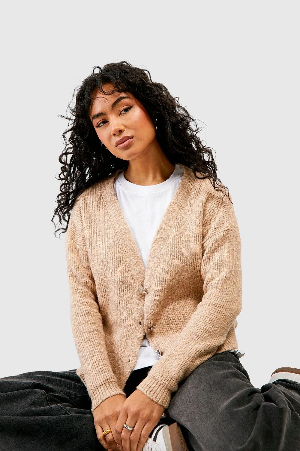 Rhinestone Button Soft Knit Slouchy Cardigan