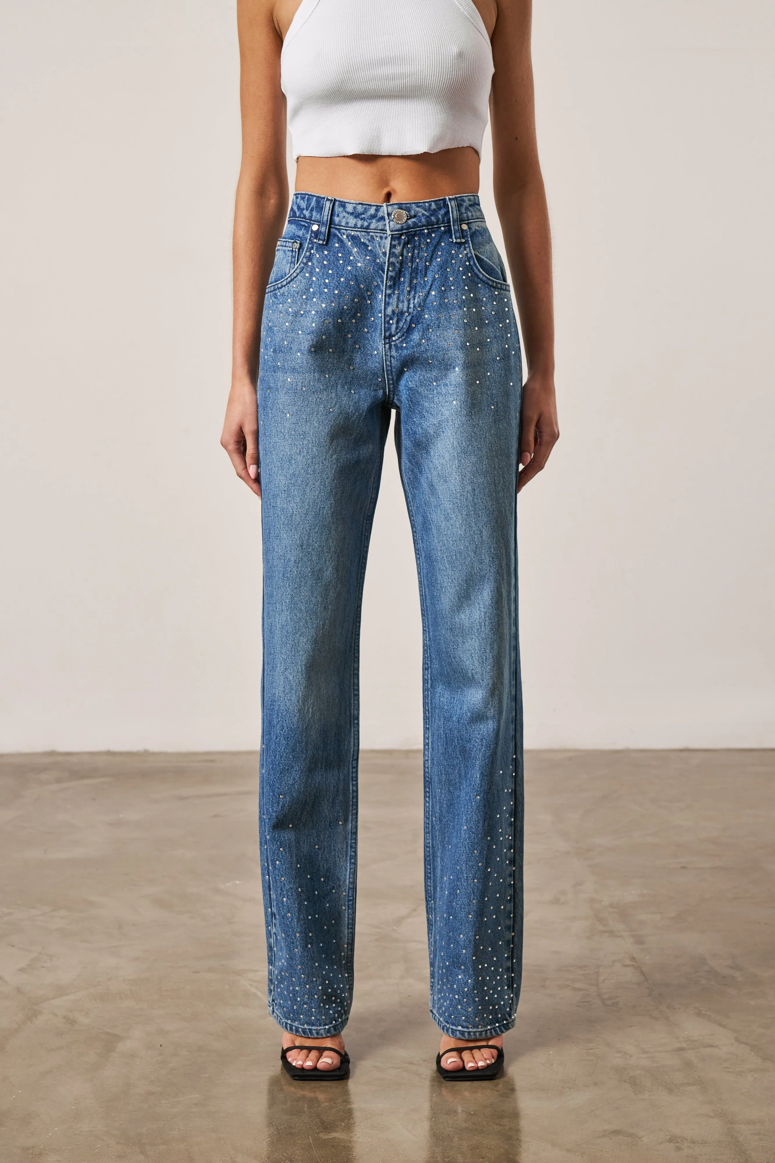 RHINESTONE STRAIGHT LEG JEANS - BLUE