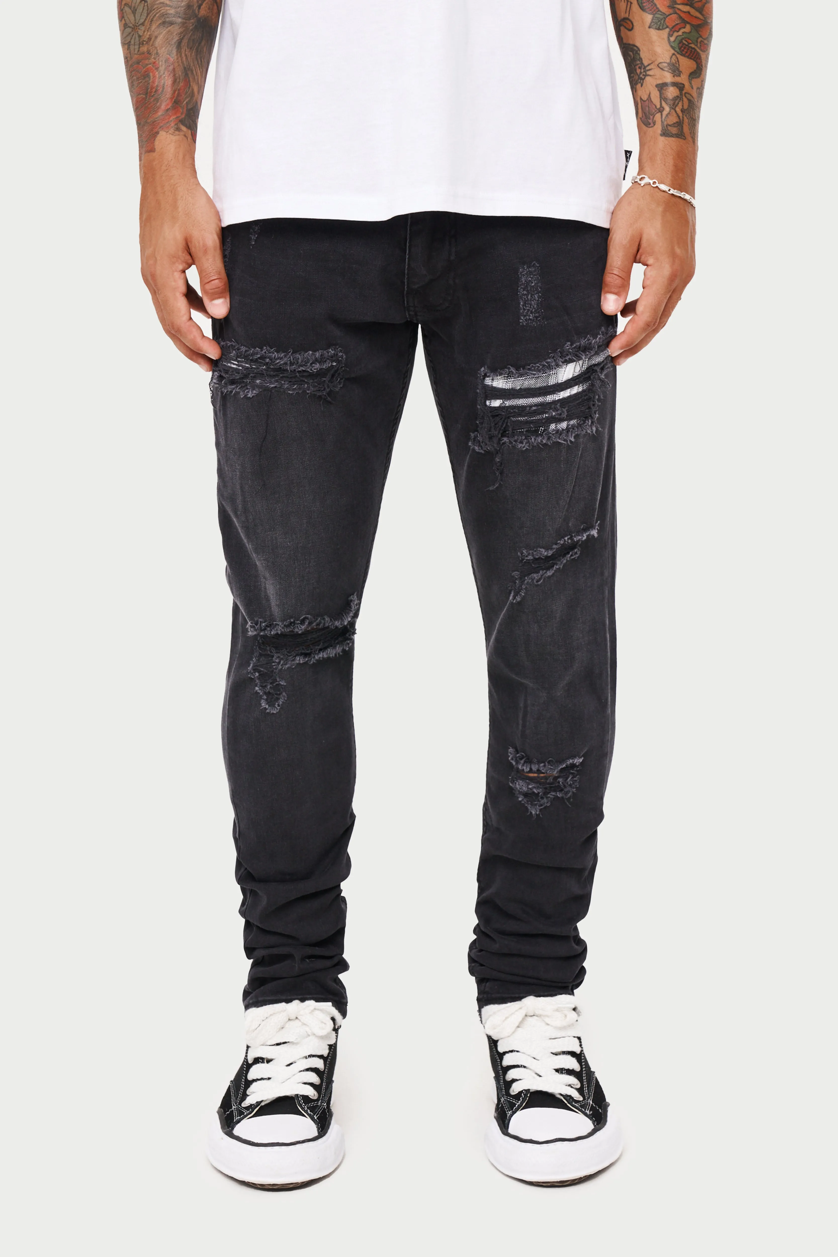 RIP AND REPAIR STACKED JEANS - BLACK WASH