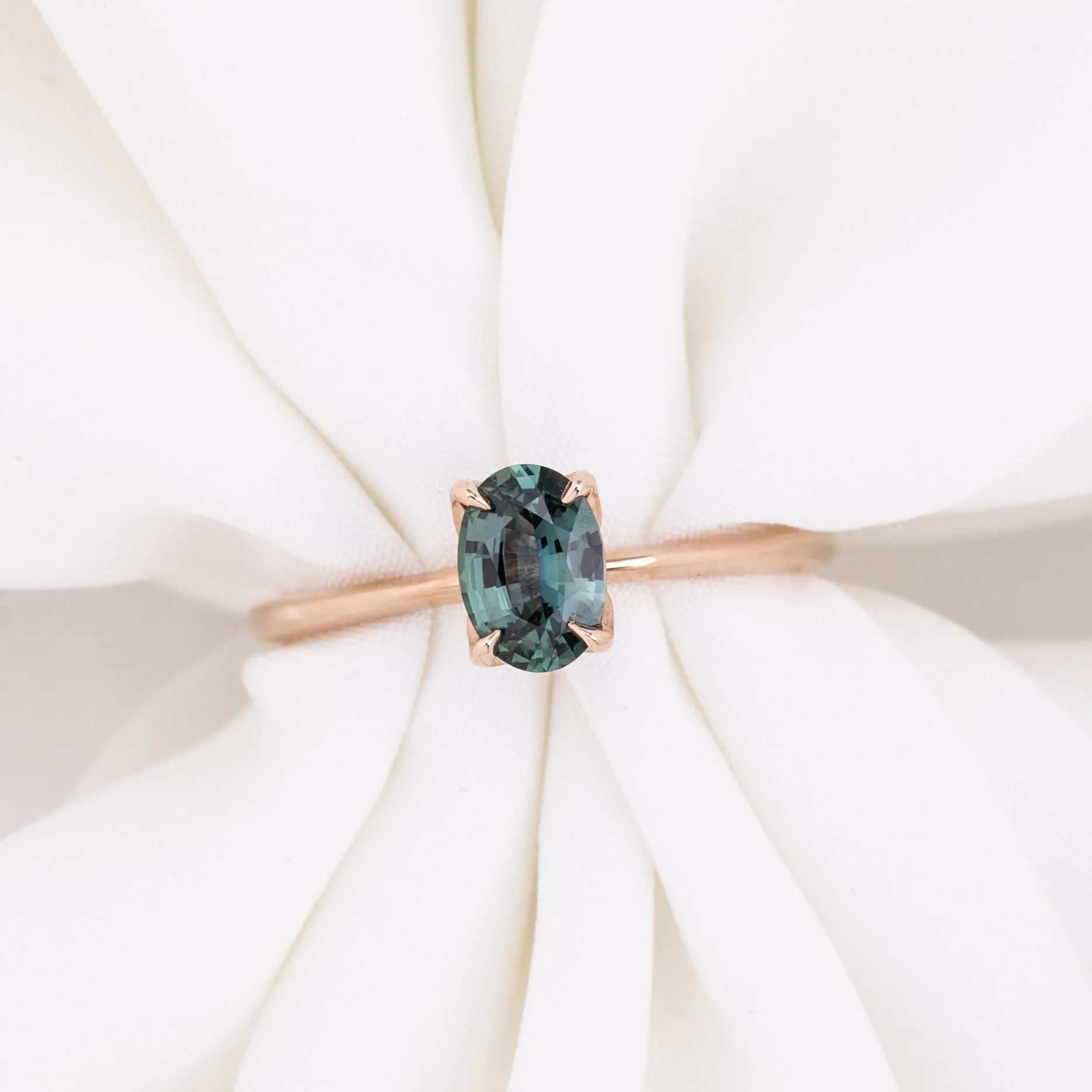 Sara Ring 0.74ct Blue Green Madagascar Sapphire, 14K Rose Gold (One of a kind)