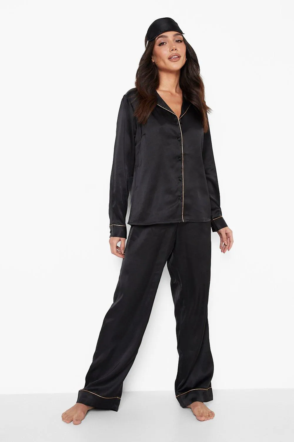 Satin Pj & Mask Pants Set With Piping