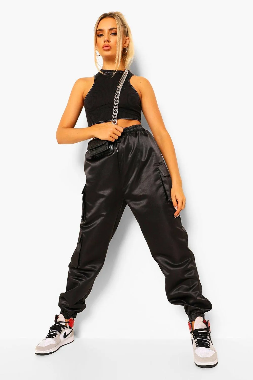 Satin Pocket Detail Cargo Pants