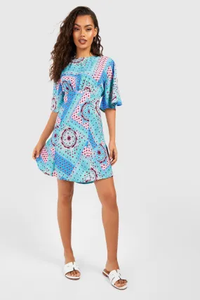 Scarf Print Angel Sleeve Skater Dress