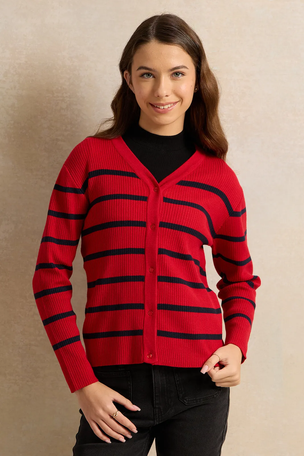 Senior Girls Red Striped Sweater