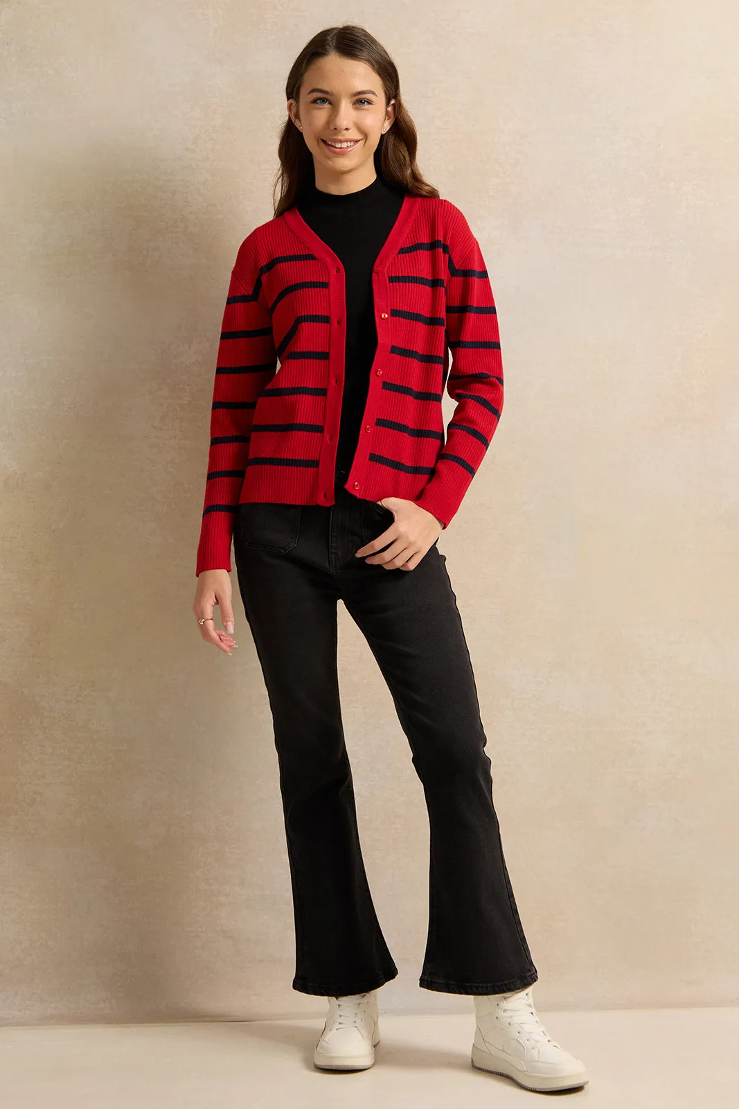 Senior Girls Red Striped Sweater