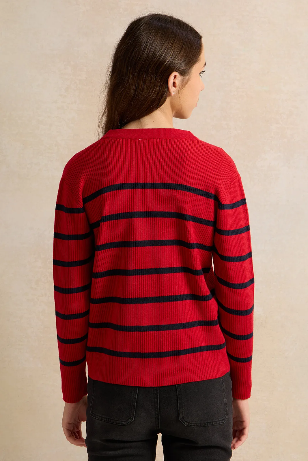 Senior Girls Red Striped Sweater