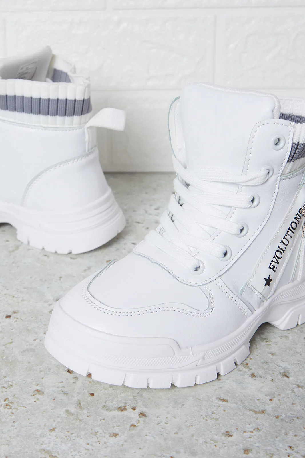 Senior Girls White Chunky Ankle Boots