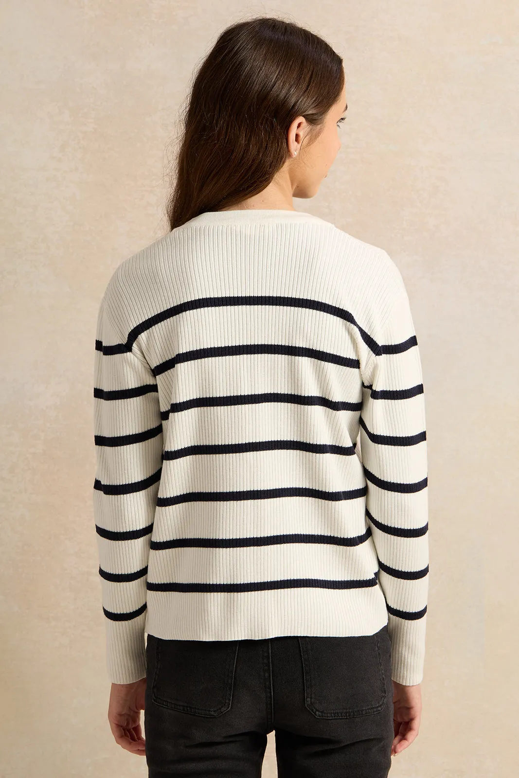 Senior Girls White Striped Sweater