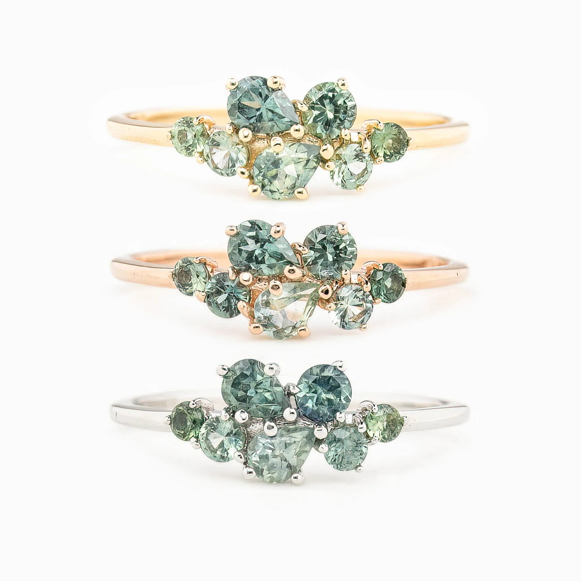 Seven Stones Green Sapphire Stardust Cluster Ring, 14k Gold