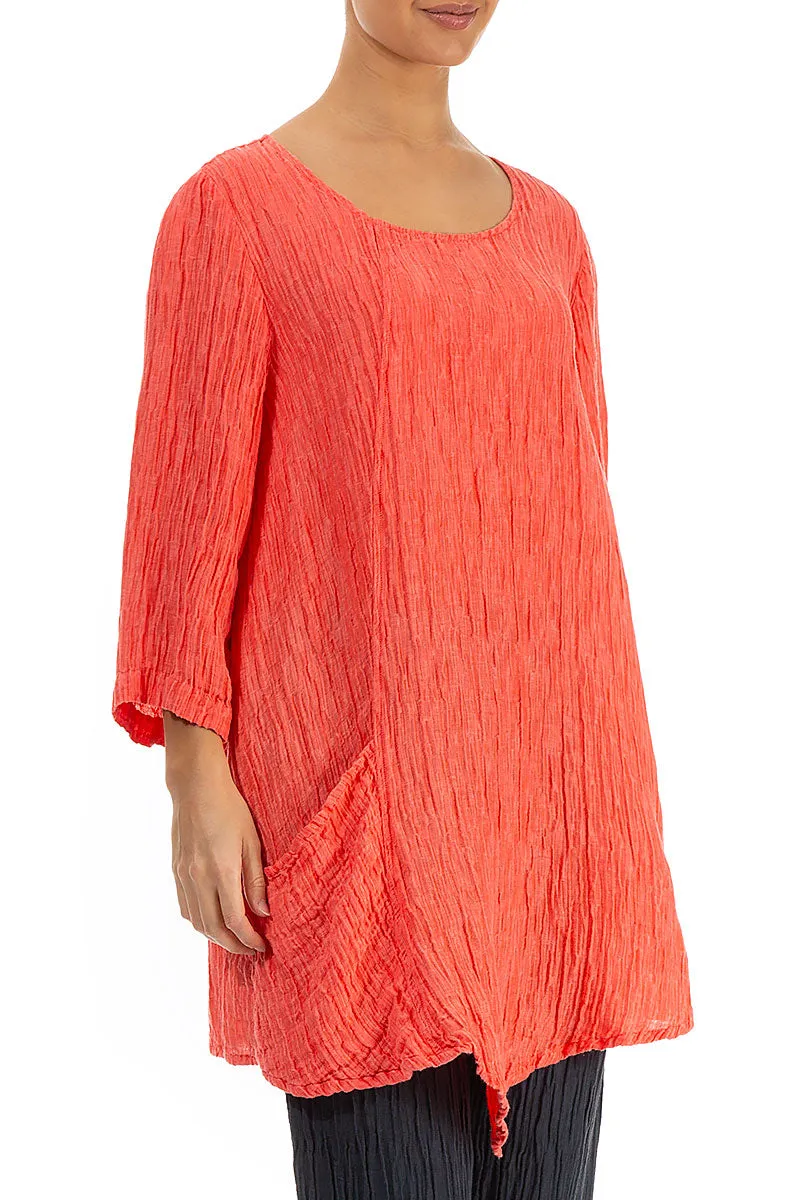 Side Pocket Crinkled Living Coral Silk Tunic