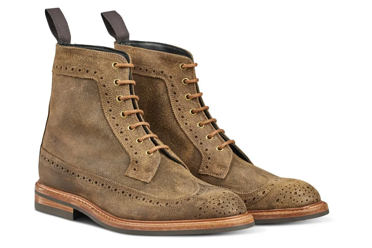 Simon Longwing Brogue Boot - Peanut Reverse Suede