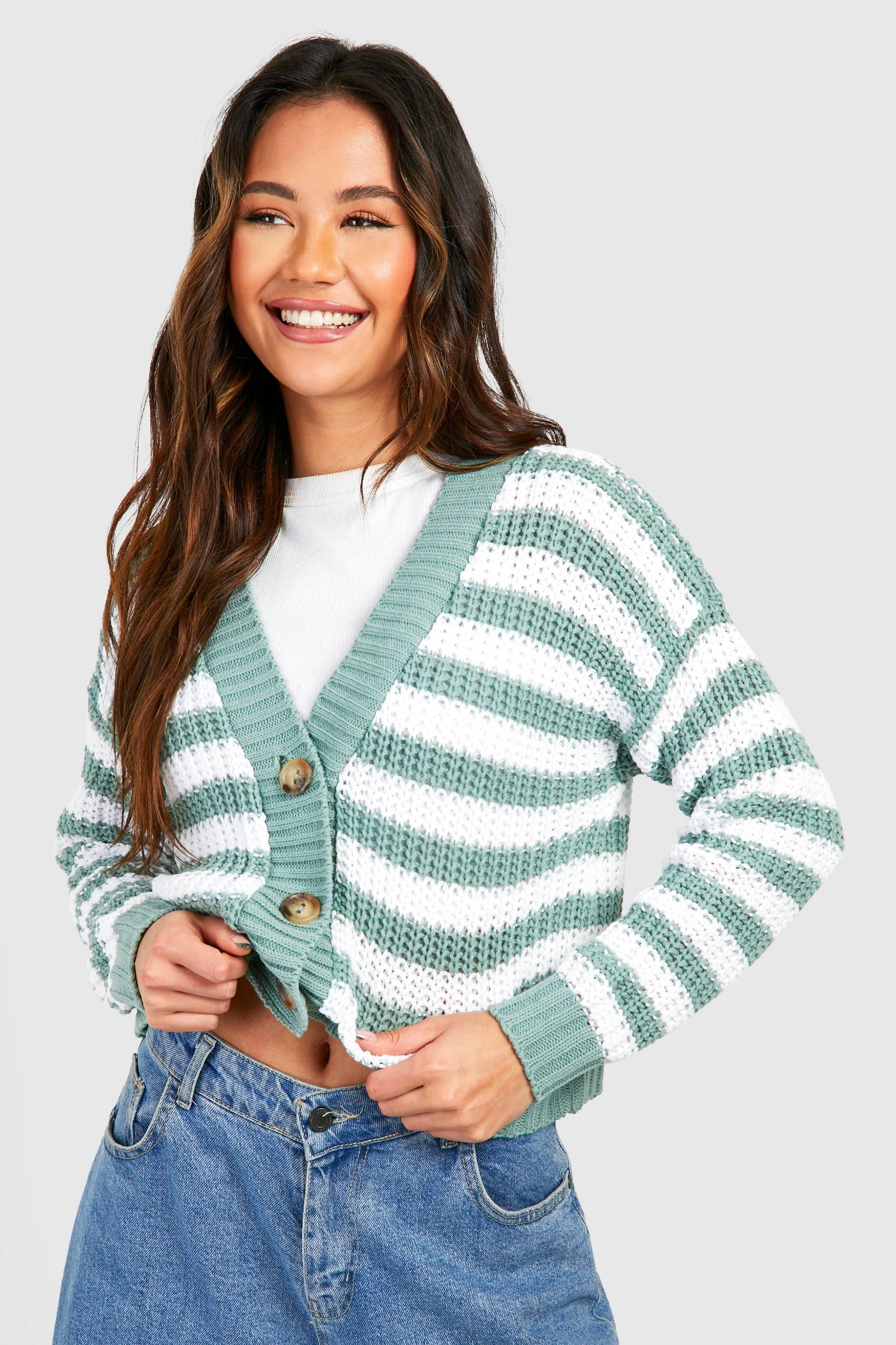Skinny Stripe Button Through Crop Cardigan