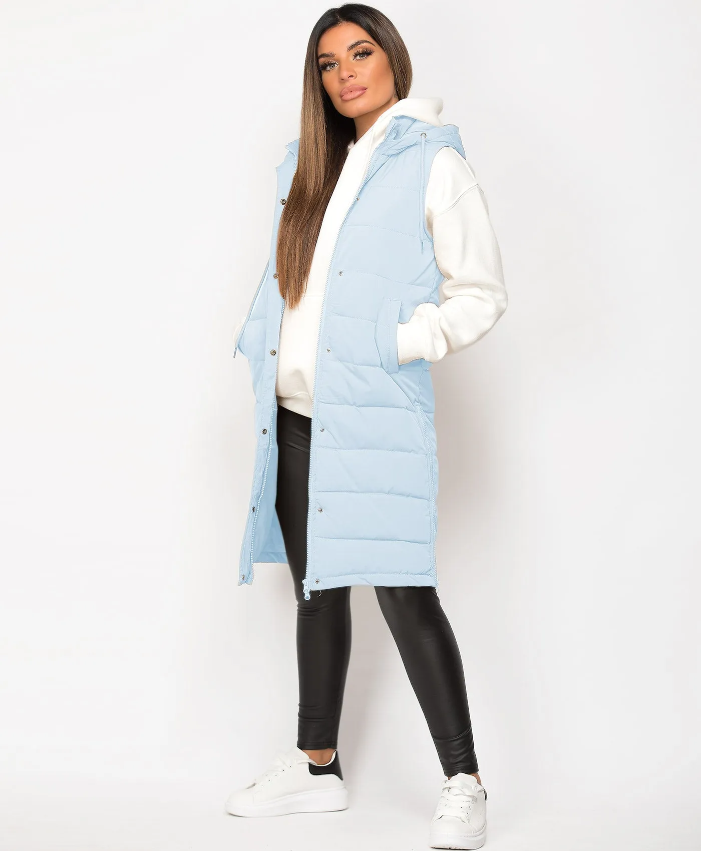 Sky Blue Hooded Side Split Quilted Puffer Long Gilet Bodywarmer