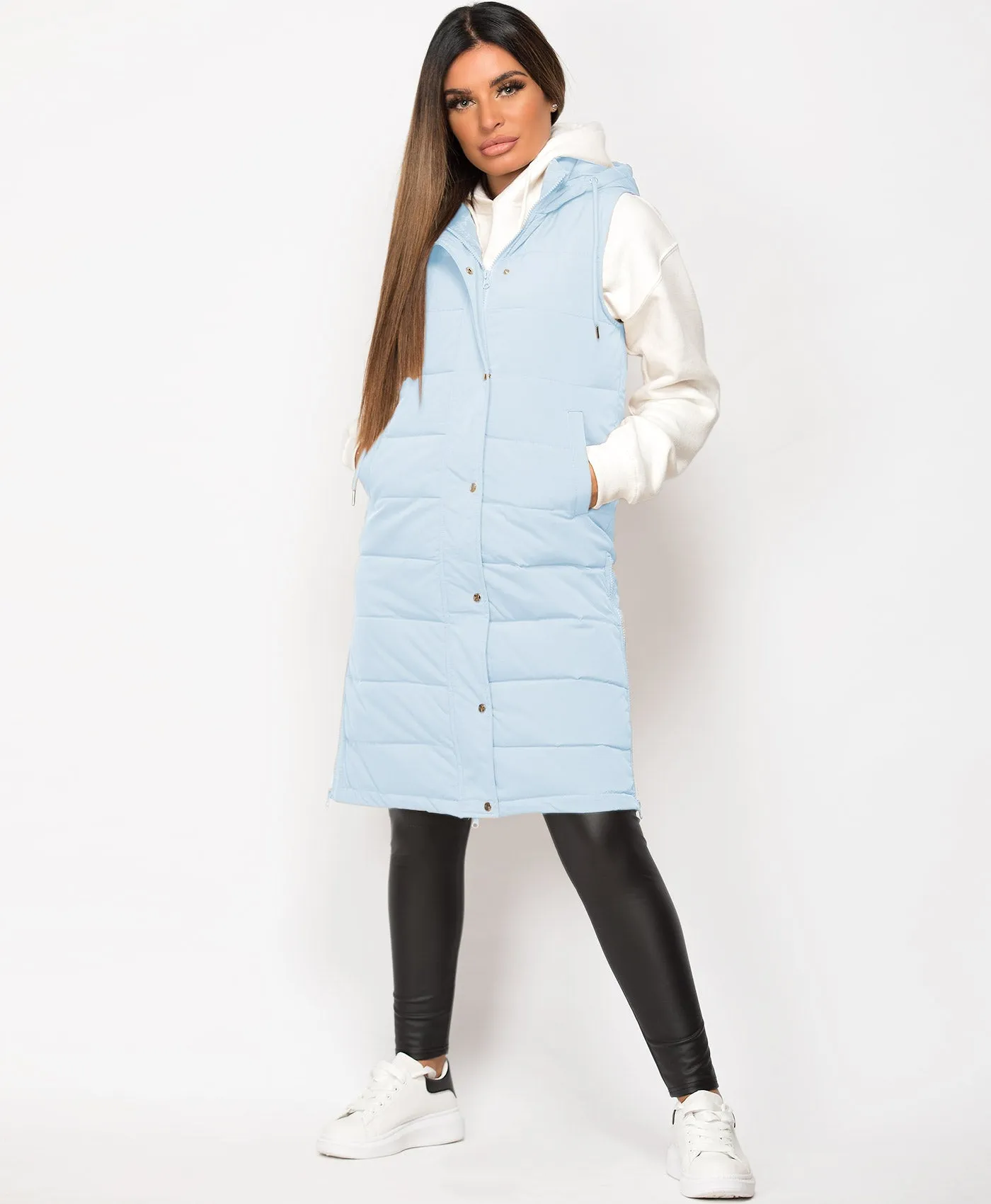 Sky Blue Hooded Side Split Quilted Puffer Long Gilet Bodywarmer