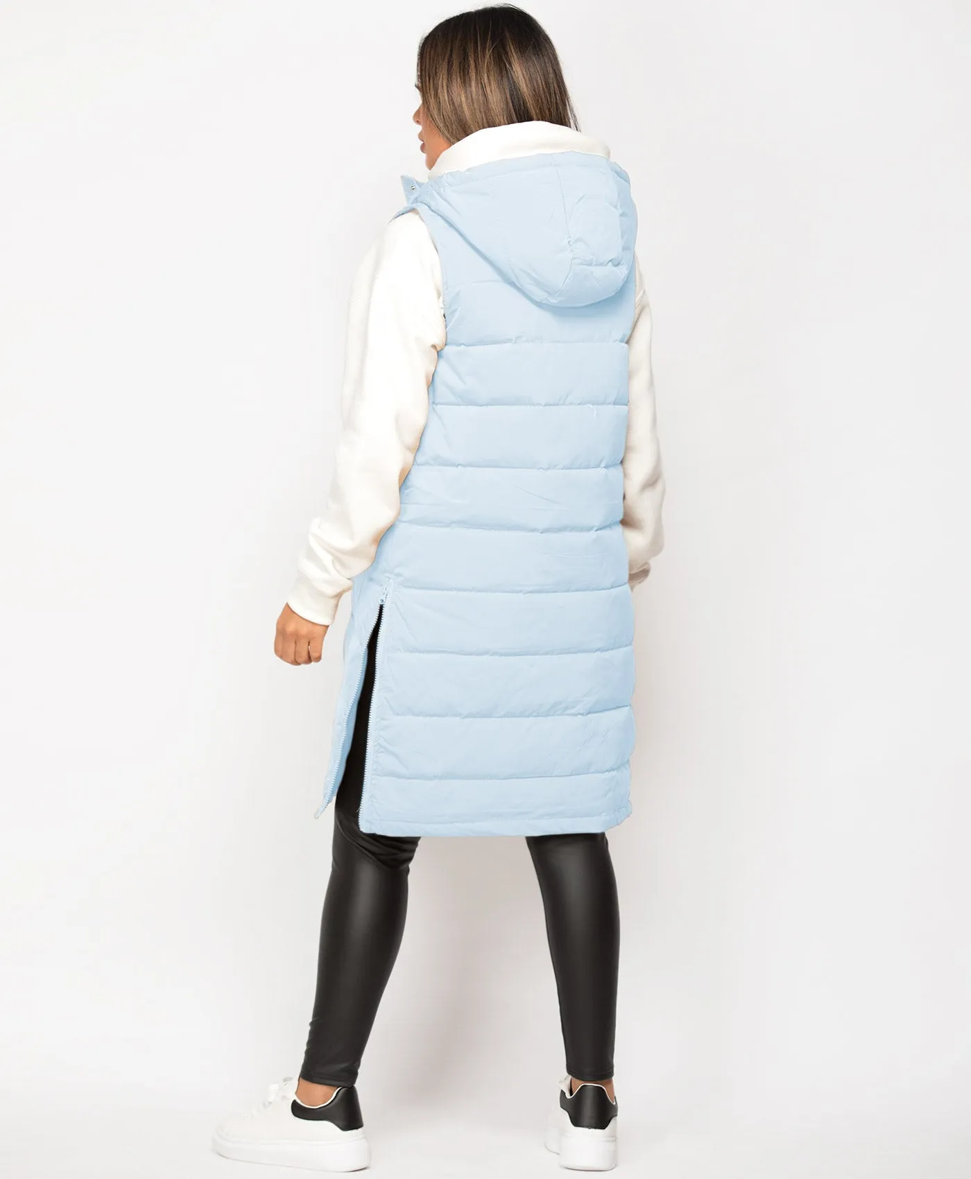 Sky Blue Hooded Side Split Quilted Puffer Long Gilet Bodywarmer