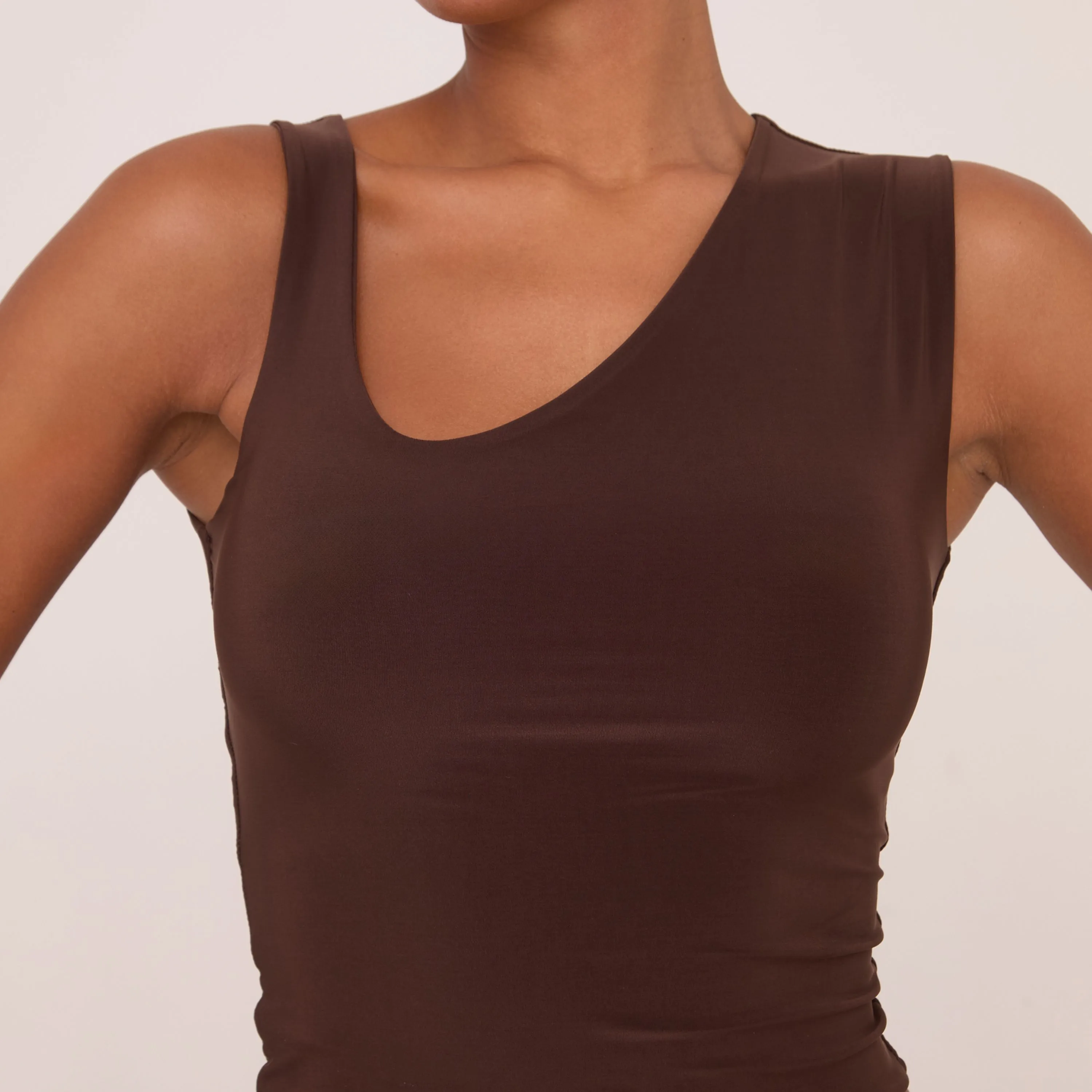 Sleeveless Cut Out Neck Double Layer Crop Top In Chocolate Brown Slinky