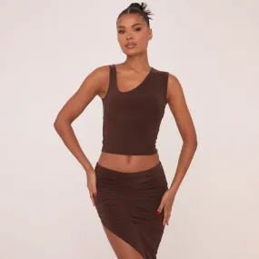 Sleeveless Cut Out Neck Double Layer Crop Top In Chocolate Brown Slinky