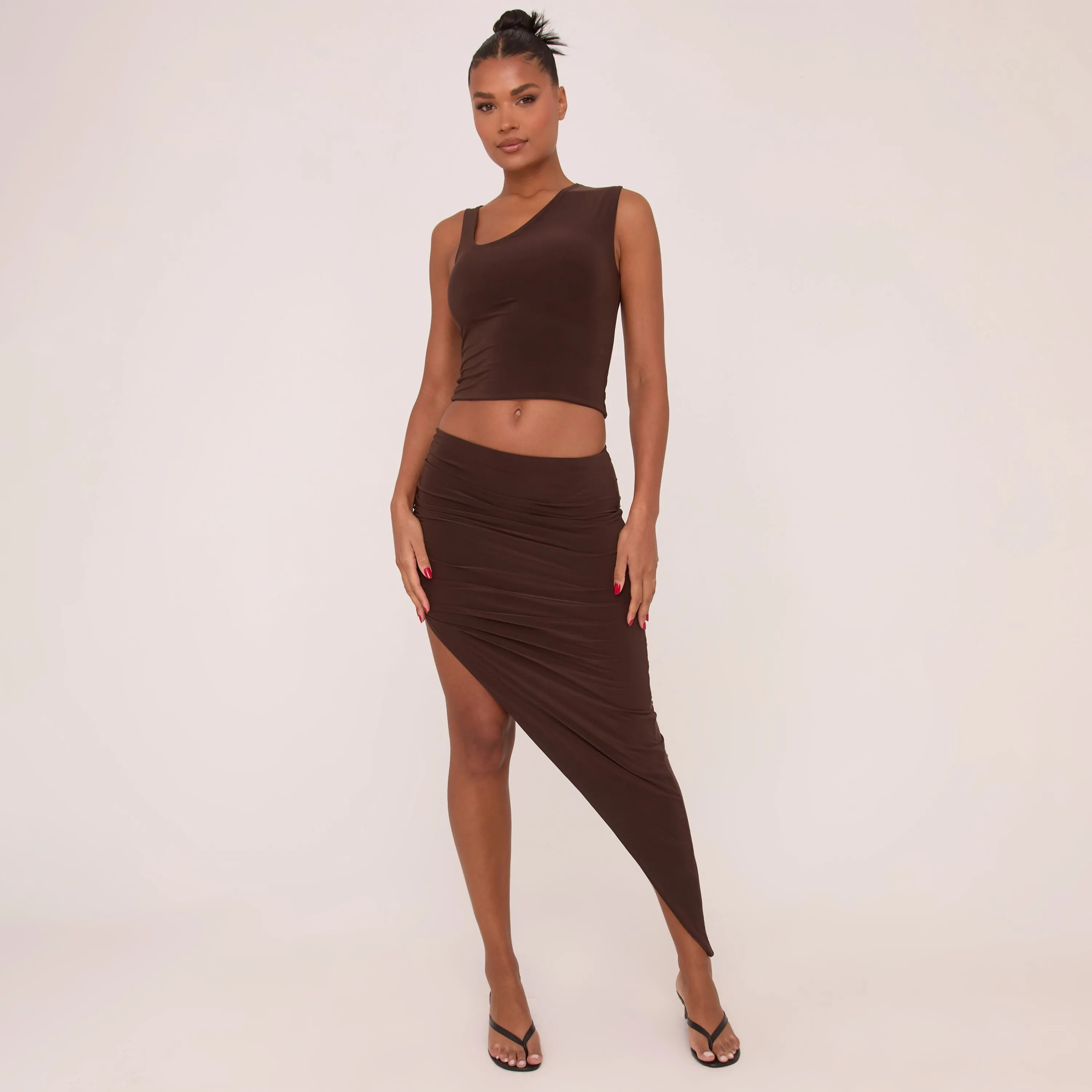 Sleeveless Cut Out Neck Double Layer Crop Top In Chocolate Brown Slinky