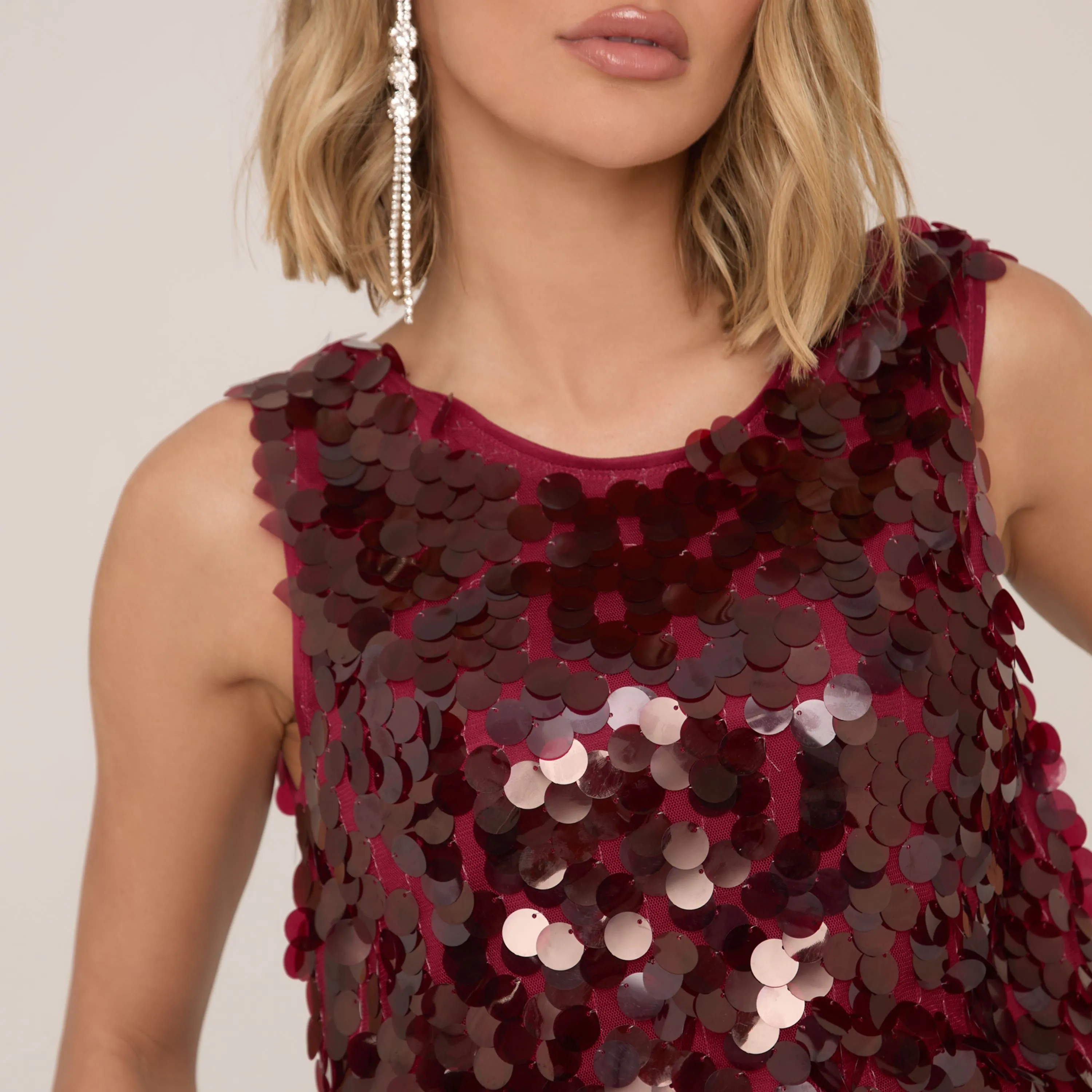 Sleeveless Low Back Boxy Top In Burgundy Disc Sequin