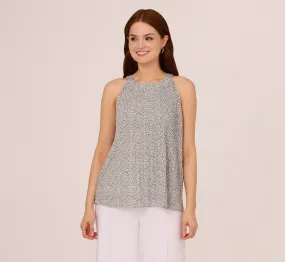 Sleeveless Printed Trapeze Top With Crinkle Details In Ivory Navy Ditsy Leafy Vine