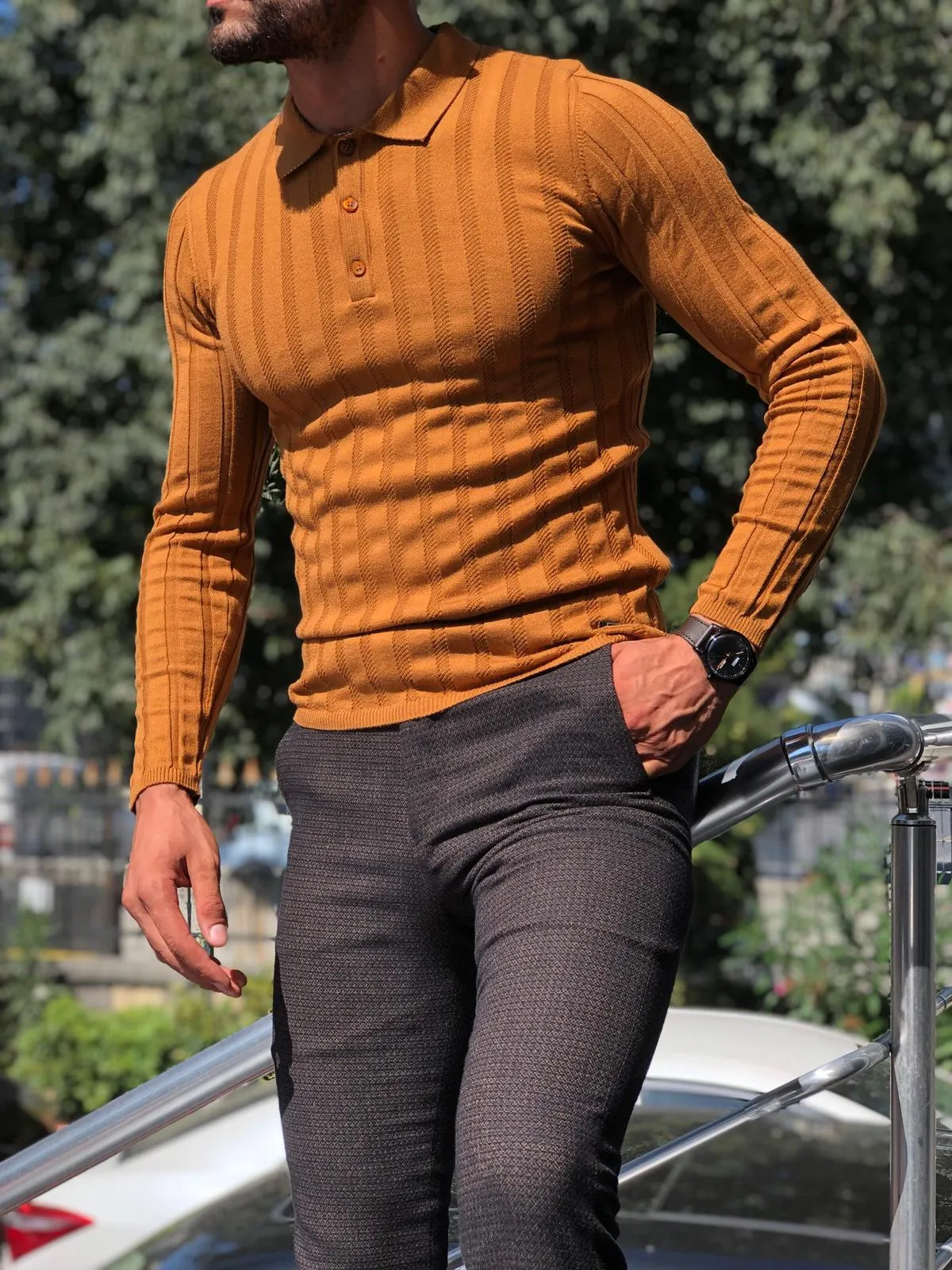 Slim-Fit Polo Sweater Camel
