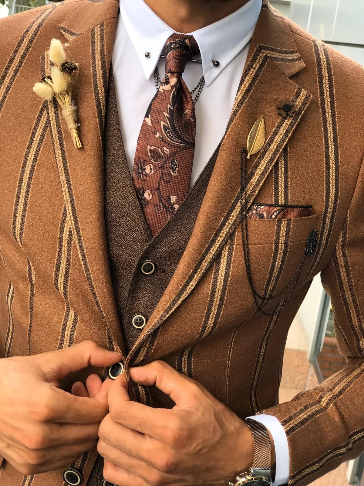 Slim-Fit Striped Suit Vest Camel