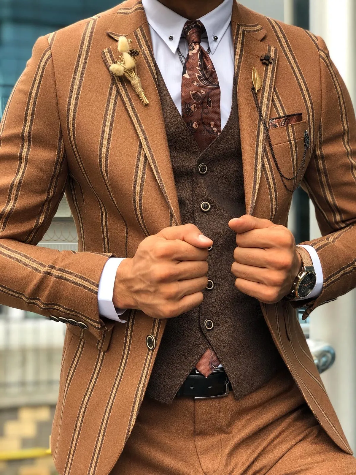 Slim-Fit Striped Suit Vest Camel